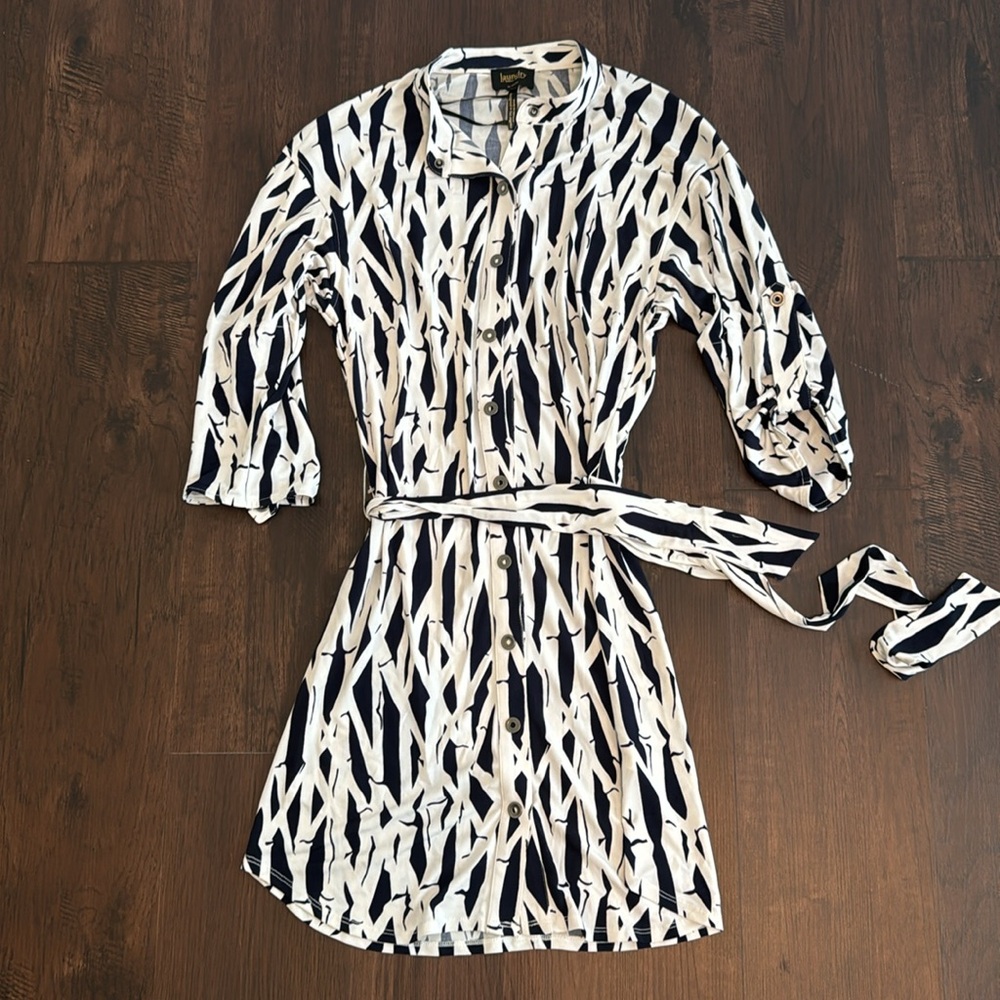 LAUNDRY BY SHELLI SEGAL SHIRT DRESS BELTED SNAP DOWN BLACK WHITE TROPICAL 2